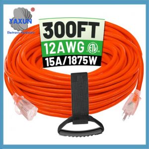 300 ft 12/3 Outdoor Extension Cord Waterproof Heavy Duty with Lighted End 12 Gauge 3 Prong, 15Amp 1875W SJTW Orange ETL Listed
