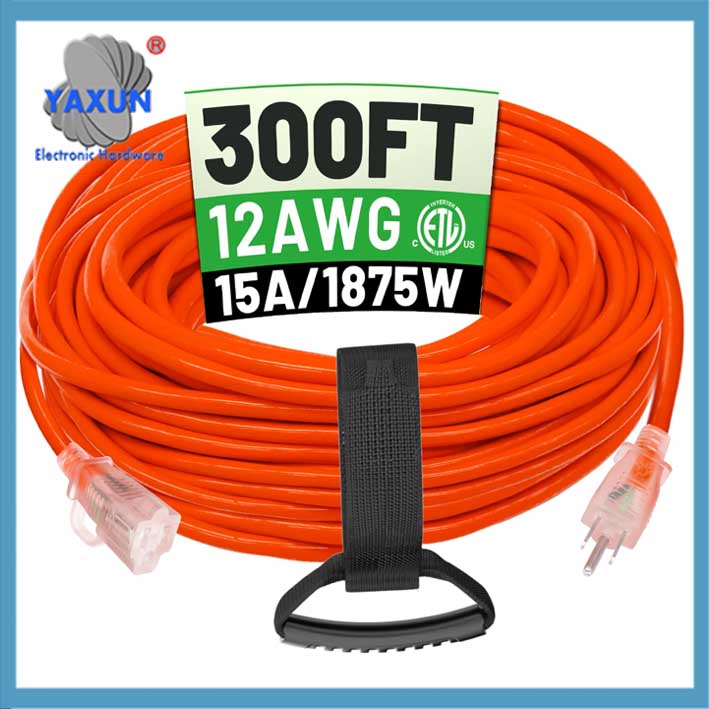 300 ft 12/3 Outdoor Extension Cord Waterproof Heavy Duty with Lighted End 12 Gauge 3 Prong, 15Amp 1875W SJTW Orange ETL Listed 300 ft 12/3 Outdoor Extension Cord Waterproof Heavy Duty with Lighted End 12 Gauge 3 Prong, 15Amp 1875W SJTW Orange ETL Listed